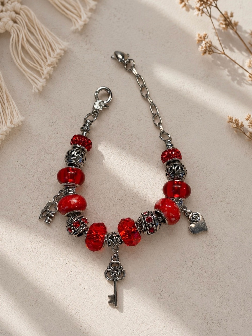 Red Charm Bracelet | European Style Beaded Bracelet | Handmade